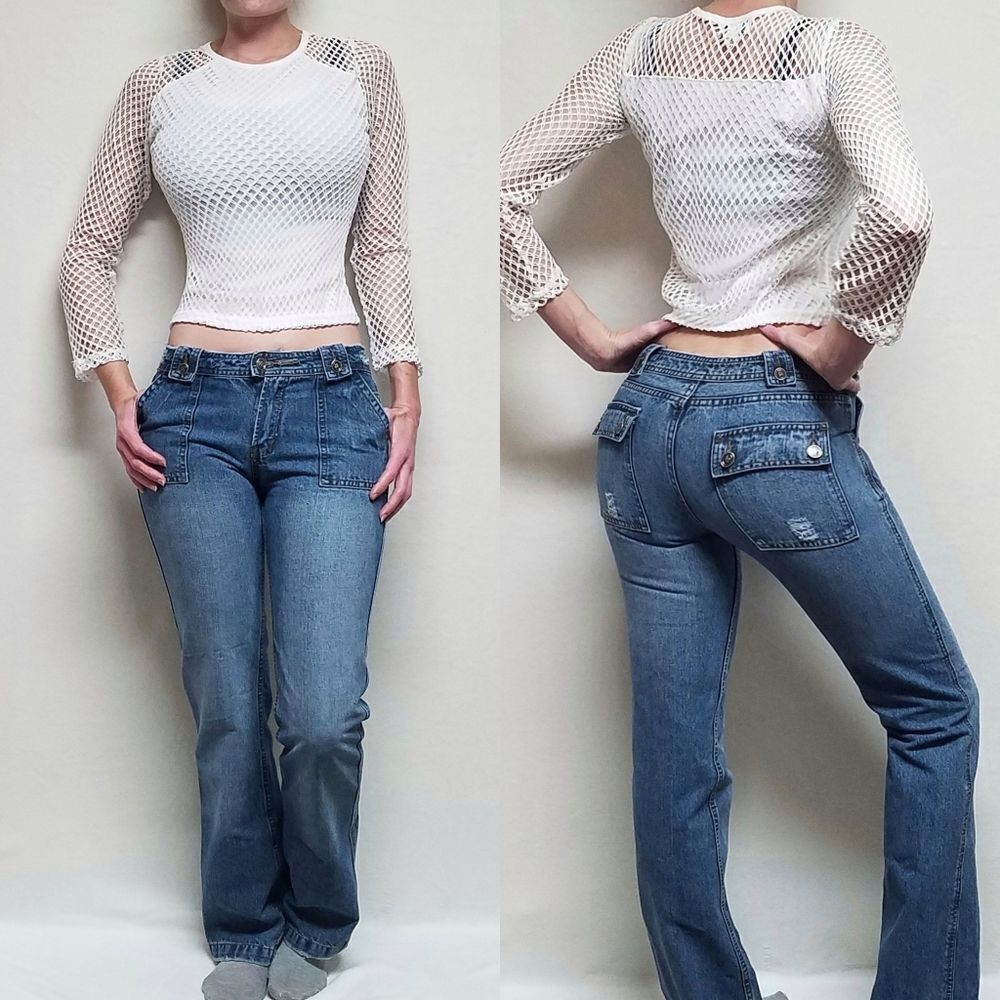 𝅺VINTAGE 1990s Fresh White Fishnet Crop Top Swimsuit Coverup Long Sleeve Small